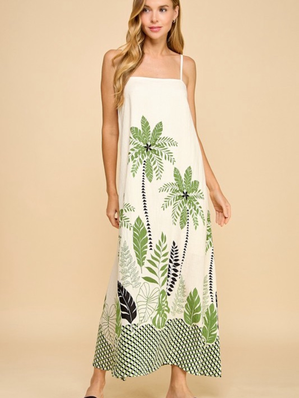 Ivory Palm-Print Maxi Dress with Green Accents